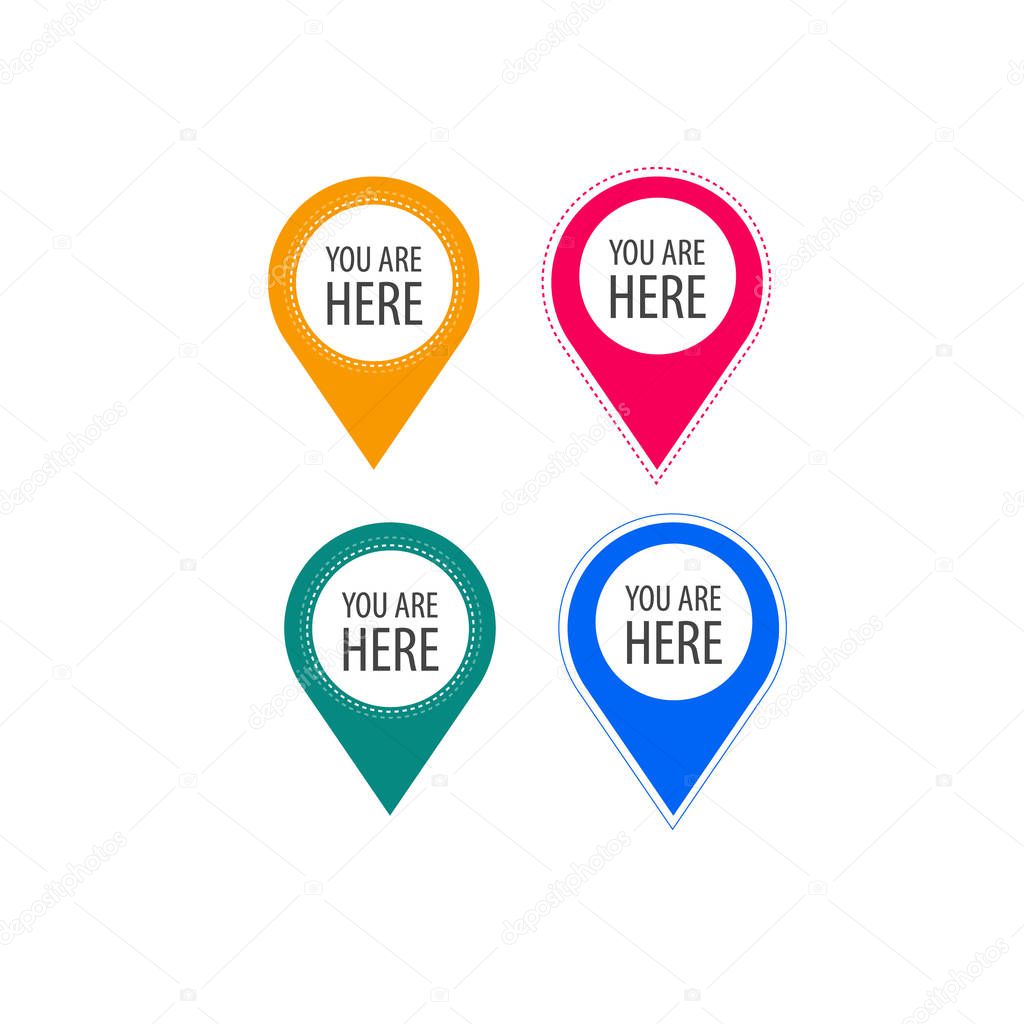 You are here icons. Info speech bubble symbol. Map pointer with your location sign. Hand cursor. Flat icon pointers.