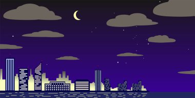 Gece şehir manzarası, gökdelenler, su, ay ve yıldız ile kısmen bulutlu gökyüzü üzerine düşünceler.