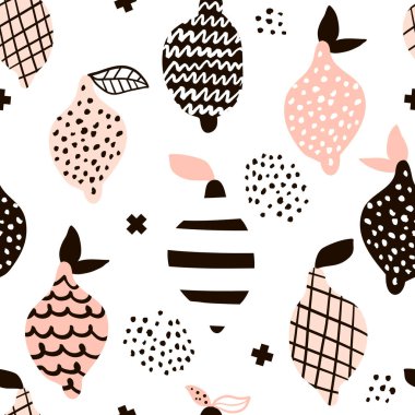 Yaratıcı modern limonlarla kusursuz desen. El çizimi moda arka plan. Kumaş ve tekstil için harika. Vektör İllüstrasyonu