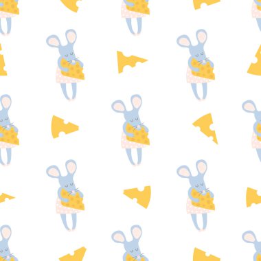 Küçük fare ve peynirli kusursuz çocuksu desen. Vektör çocuk odası arka planı.