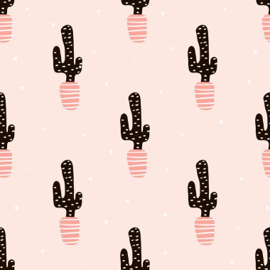 Kaktüsleri ve el çizimleri olan kusursuz desen. Kumaş, tekstil ve vektör arkaplan için mükemmel.