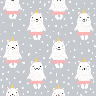 Beyaz yavru ayıyla hoş, pürüzsüz bir desen. Kumaş, tekstil için çocukça bir doku. Vektör İllüzyonu