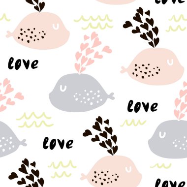 Sevimli balinalar ve kalplerle kusursuz bir desen. Şirin bir deniz geçmişi var. Vektör İllüstrasyonu.