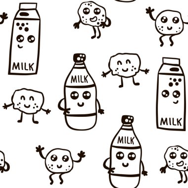 Süt şişesi karakteri ve siyah-beyaz kurabiyelerle kusursuz desen. Kumaş ve tekstil için yaratıcı çocuksu arkaplan