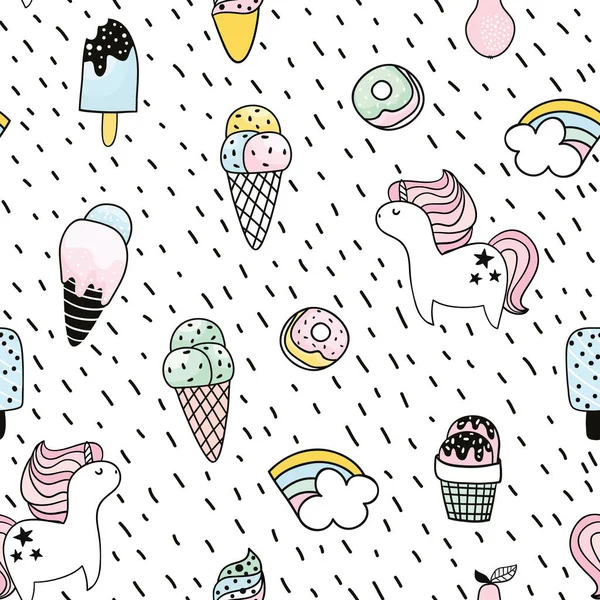 Creative Seamless Pattern Unicorn Donut Ice Cream Rainbow Doodle Childish — Stock Vector