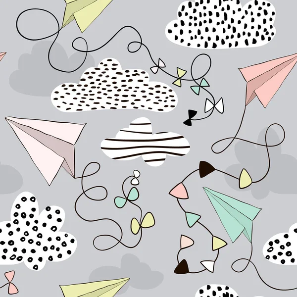 Безшовні Паперові Літаки Хмари Рука Намальована Творчим Дитячим Фоном Векторна — стоковий вектор