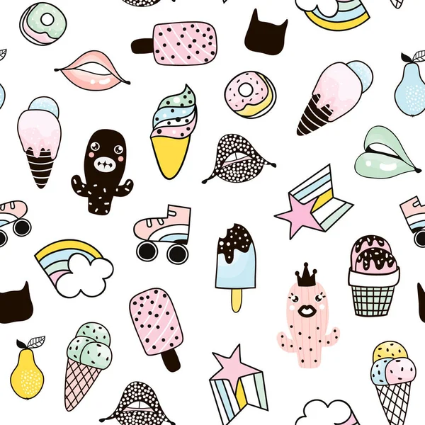 Stylish Seamless Pattern Cactus Donut Ice Cream Rainbow Roller Lips — Stock Vector