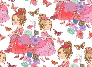 Şirin prenses. Kusursuz desen. Vektör çizimi. Kumaş, ambalaj kağıdı ve benzeri şeyler için uygun. Çocuk odasının tasarımına bakmak iyi olacak.