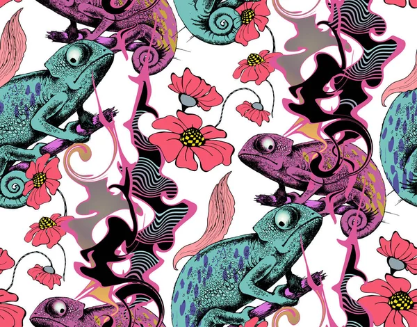 Фантастические Цветы Хамелеон Бесшовный Шаблон Векторная Иллюстрация Подходит Настенной Росписи — стоковый вектор