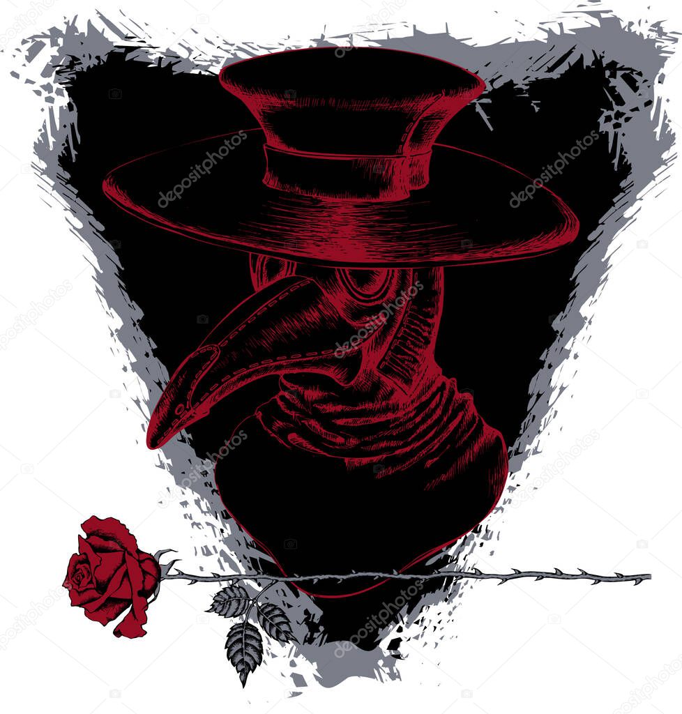 Plague doctor. Suitable for posters, cards, tattoo. Vector illustration. Engraving style