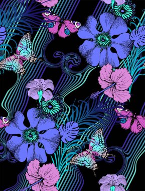 Muhteşem mavi çiçekler ve kelebekler. Kusursuz sınır. Vektör 