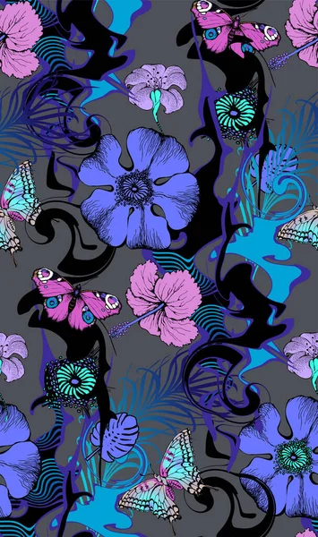 Фантастические Голубые Цветы Бабочки Бесшовная Граница Вектор — стоковый вектор