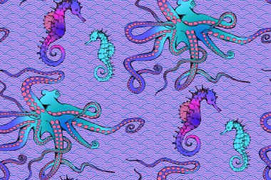 Deniz atları ve deniz yolculuklarının düzeni. Vektör çizimi. Kumaş, duvar resmi, ambalaj kağıdı ve benzeri şeyler için uygun.