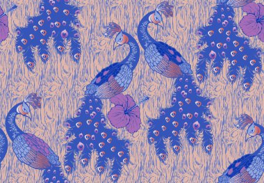 Tavus kuşu deseni ve muhteşem çiçekler. Vektör çizimi. Kumaş, duvar resmi, ambalaj kağıdı ve benzeri şeyler için uygun.