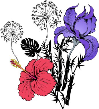 Harika çiçekler. Vektör çizimi. Kumaş, duvar resmi, ambalaj kağıdı ve benzeri şeyler için uygun.