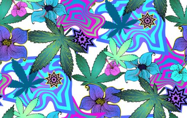 Kenevir deseni ve harika çiçekler. Vektör çizimi. Kusursuz desen. Vektör çizimi. Kumaş, ambalaj kağıdı ve benzeri şeyler için uygun.