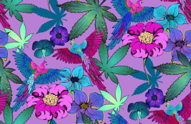 Kenevir deseni ve harika çiçekler. Vektör çizimi. Kusursuz desen. Vektör çizimi. Kumaş, ambalaj kağıdı ve benzeri şeyler için uygun.