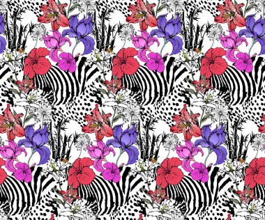 Zebra ve çiçeklerin kusursuz deseni. Kumaş, duvar resmi, ambalaj kağıdı ve benzeri şeyler için uygun. Vektör illüstrasyonu