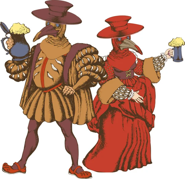 Ein Schickes Paar Renaissance Kostüme Und Kapuzen Eines Pestarztes Mit — Stockvektor