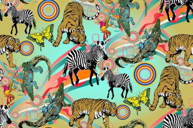Timsah, zebra ve kaplan deseni. Vektör çizimi. Kumaş, duvar resmi, ambalaj kağıdı ve benzeri şeyler için uygun.