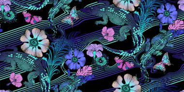 Timsah deseni. Vektör çizimi. Kumaş, duvar resmi, ambalaj kağıdı ve benzeri şeyler için uygun.