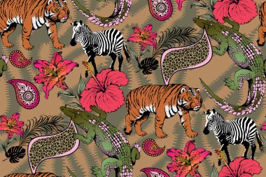 Timsah, zebra ve kaplan deseni. Vektör çizimi. Kumaş, duvar resmi, ambalaj kağıdı ve benzeri şeyler için uygun.