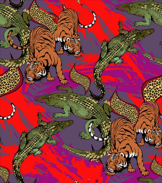 Krokodil Tigris Mintája Vektor Illusztráció Szövet Freskó Csomagolópapír Hasonlók Készítésére — Stock Vector