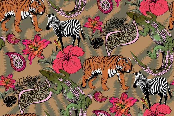 Timsah, zebra ve kaplan deseni. Vektör çizimi. Kumaş, duvar resmi, ambalaj kağıdı ve benzeri şeyler için uygun.