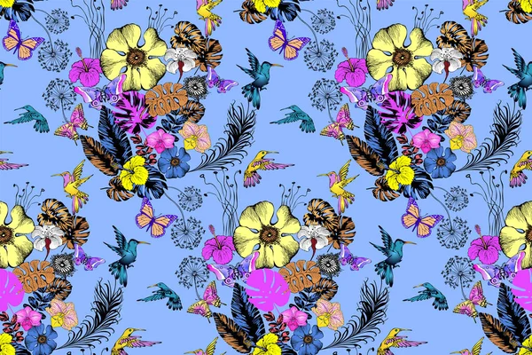 Fantastische Blaue Blumen Und Schmetterlinge Nahtlose Grenze Vektorillustration Geeignet Für — Stockvektor