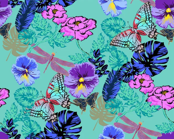 Fantastische Blaue Blumen Und Schmetterlinge Nahtlose Grenze Vektorillustration Geeignet Für — Stockvektor