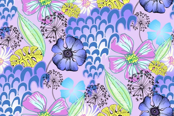 Fantastische Blauwe Bloemen Vlinders Naadloze Grens Vector Illustratie Bestemd Voor — Stockvector