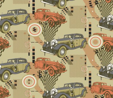 Kusursuz klasik araba modeli. İşlemeli stil. Vektör çizimi. Kumaş, duvar resmi, ambalaj kağıdı ve benzeri şeyler için uygun.