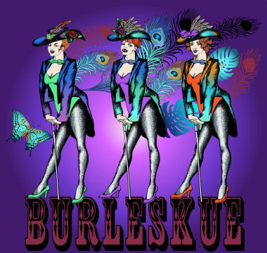 Burlesk dansçısı. İşlemeli stil. Vektör illüstrasyonu 