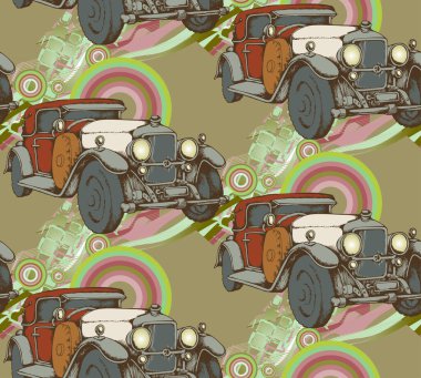 Kusursuz klasik araba modeli. İşlemeli stil. Vektör çizimi. Kumaş, duvar resmi, ambalaj kağıdı ve benzeri şeyler için uygun.