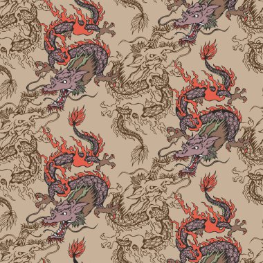 Asyalı ejderha deseni. Vektör çizimi. Kumaş, duvar resmi, ambalaj kağıdı ve benzeri şeyler için uygun.
