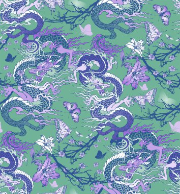 Asya ejderhası ve çiçek deseni. Vektör çizimi. Kumaş, ambalaj kağıdı ve benzeri şeyler için uygun.