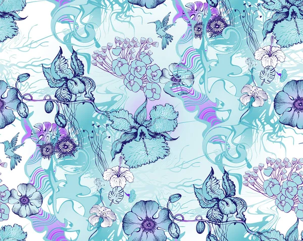 Fantastische Blumen Und Schmetterlinge Nahtlose Grenze Vektorillustration Geeignet Für Stoff — Stockvektor