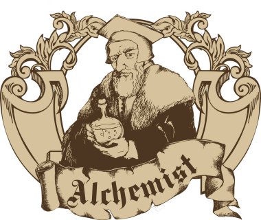 Ortaçağ simyacısı. Vektör çizimi. İşleme biçimi.