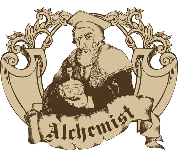 Alchimista Medievale Illustrazione Vettoriale Stile Incisione — Vettoriale Stock