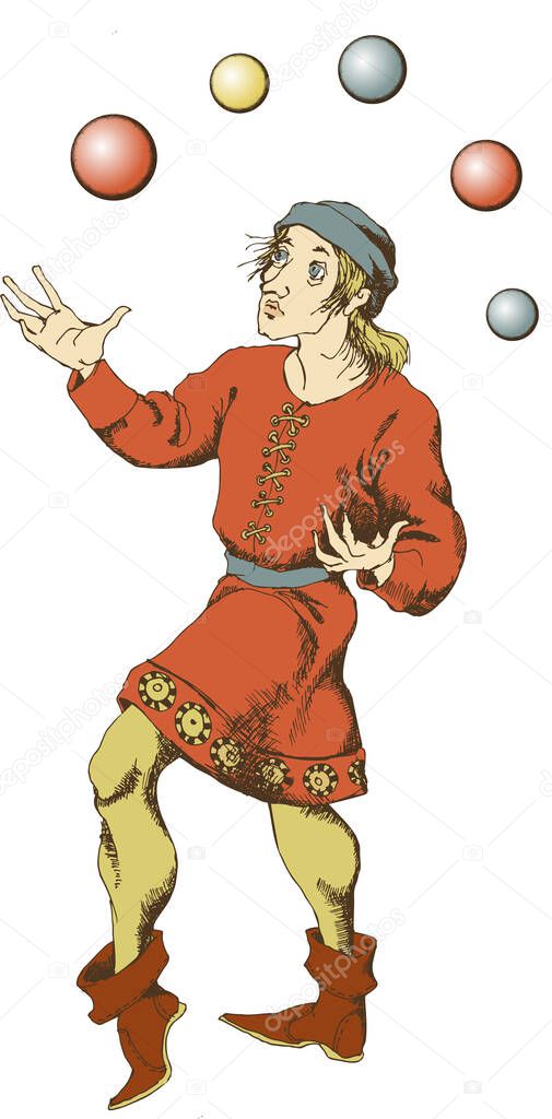 Medieval juggler. Engraved style. Vector illustration