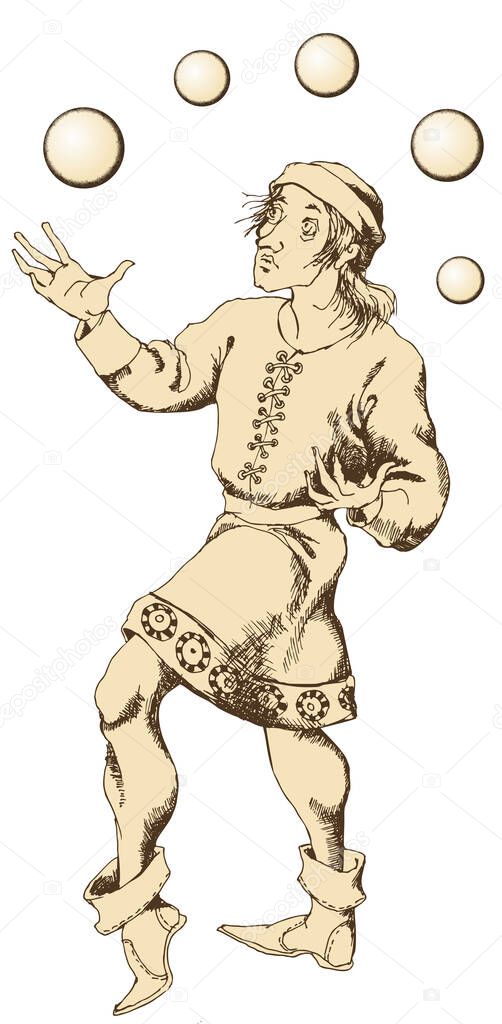 Medieval juggler. Engraved style. Vector illustration