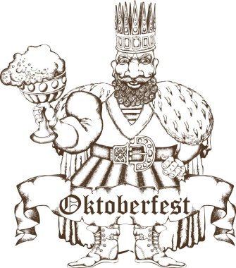 Oktoberfest bira partisinin reklam afişi ve bira festivaliyle ilgili farklı nesneler. İşlemeli stil. Vektör illüstrasyonu.