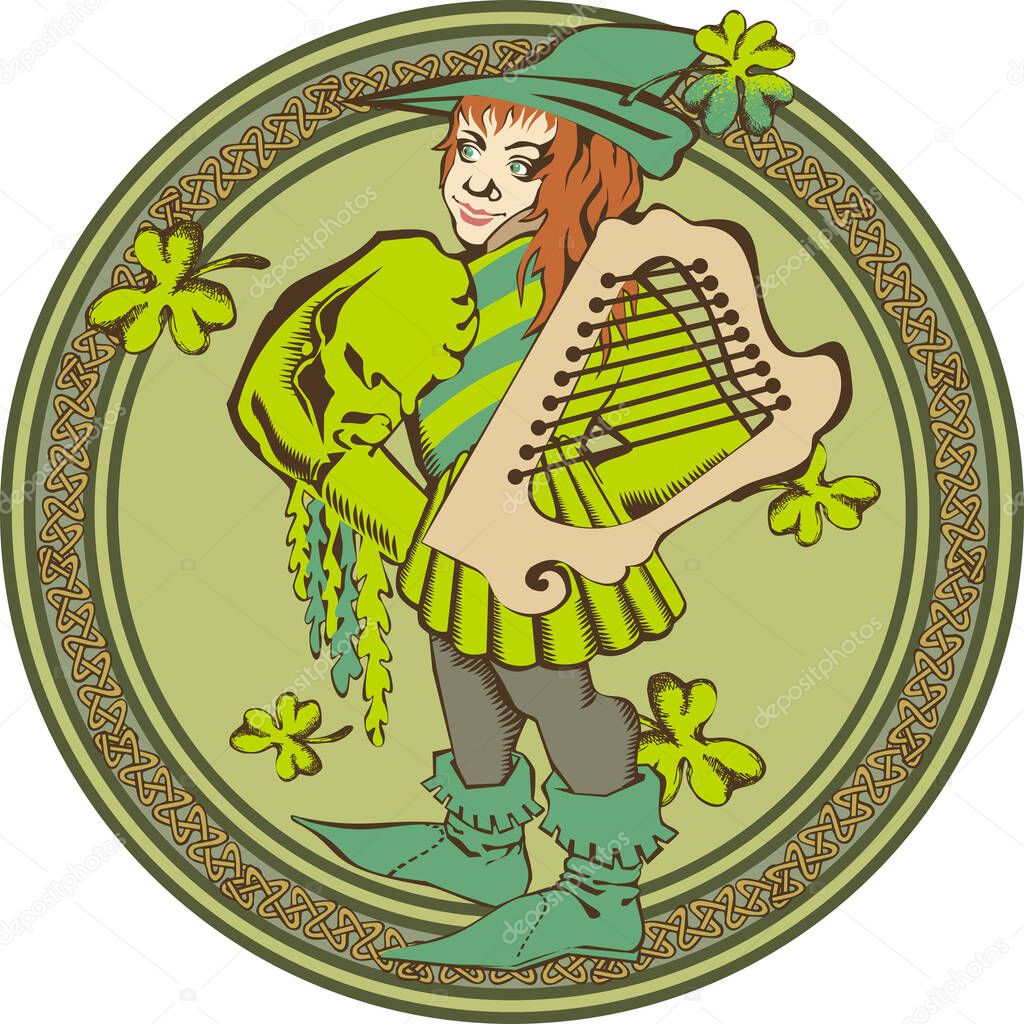 Design for st. Patrick's Day with minstrel. Vector illustration. Engraved style    
