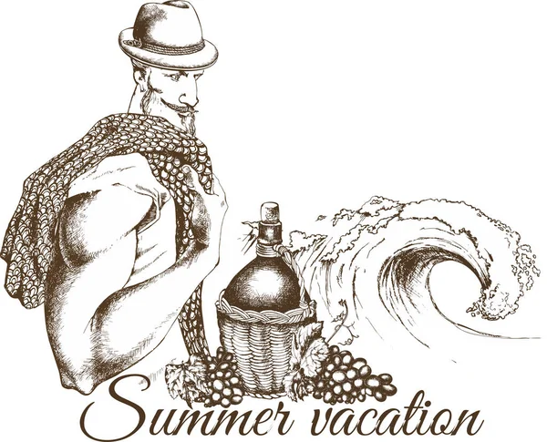 Netter Junger Mann Meer Wein Und Welle Vorlage Für Sommerreisen — Stockvektor