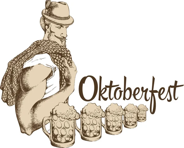 Modello Poster Pubblicitario Della Festa Della Birra Oktoberfest Con Diversi — Vettoriale Stock