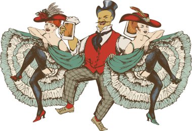 Bira bardağı ve kankan dansçılarıyla mery doodle. Bira şablonu tasarımı. Vektör illüstrasyon Yazdır
