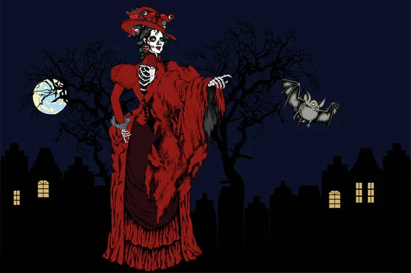Dia Das Bruxas Personagem Místico Senhora Esqueleto Vampiro Morto Revivido —  Vetores de Stock