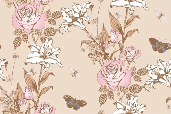 Фантастические Цветы Бабочки Бесшовная Граница Векторная Иллюстрация Подходит Настенной Росписи — стоковый вектор