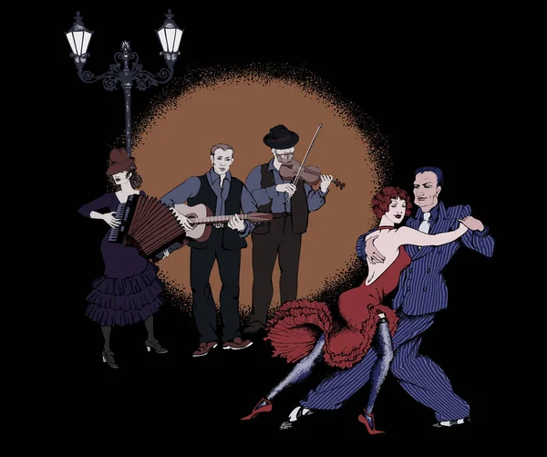 Cuplu Dansând Tango Muzicieni Stilul Gangster 1930 — Vector de stoc