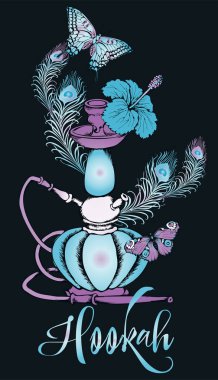 Nargile. Posterler, kartlar, dövmeler için uygun. Vektör çizimi. İşleme biçimi